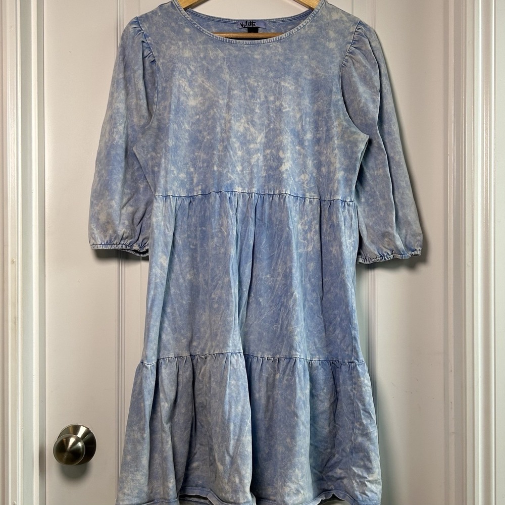 Vylette Blue Acid Wash Puff Sleeve Tiered Babydoll Dress Cottagecore Boho Style